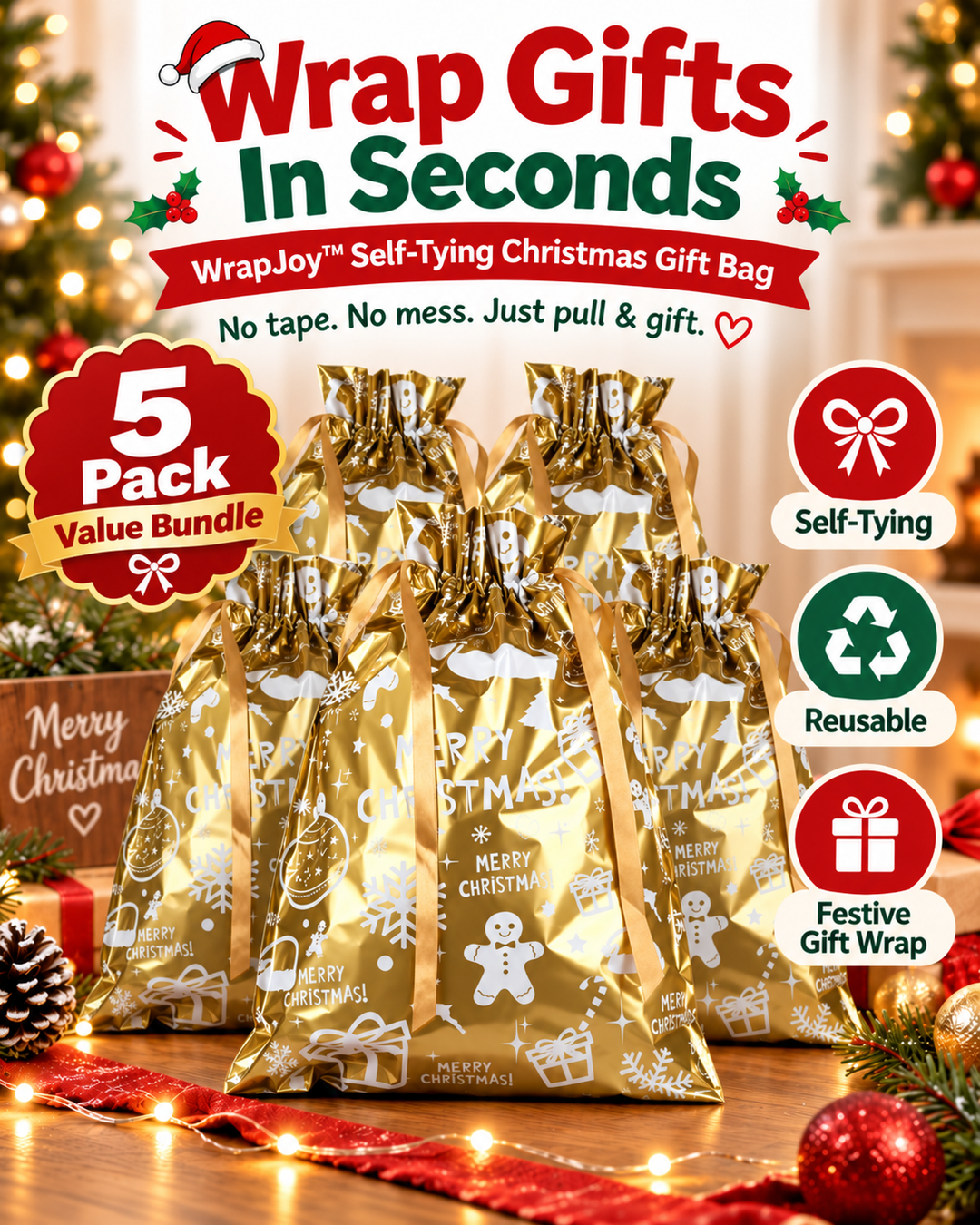 WrapJoy™ Self-Tying Christmas Gift Bags – Wrap, Pull & Celebrate 🎁🎄