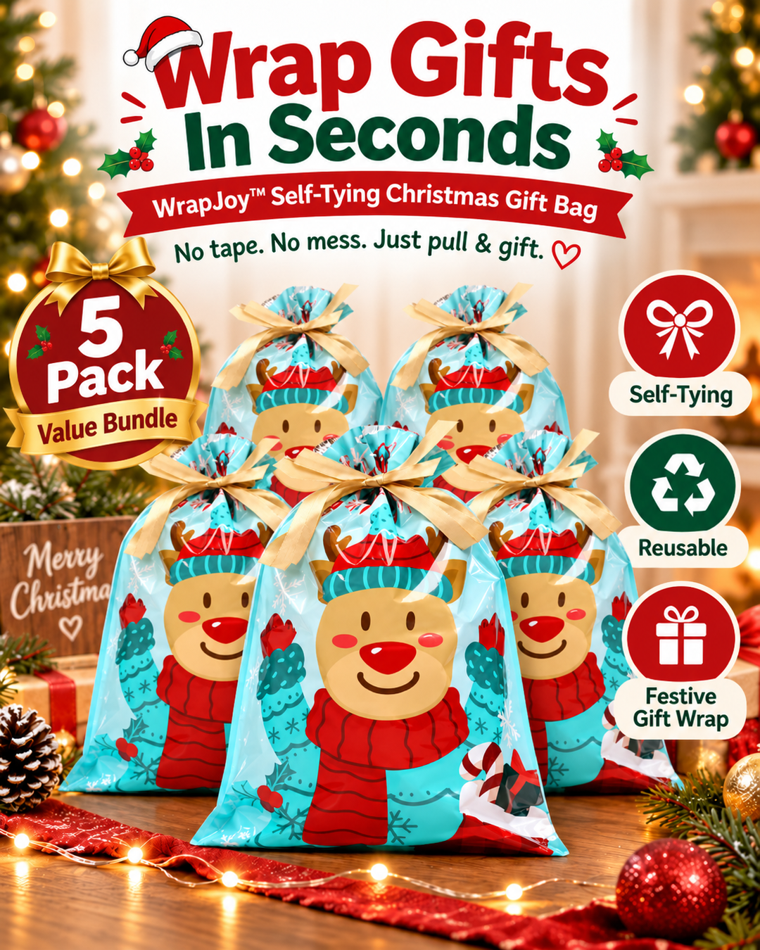 WrapJoy™ Self-Tying Christmas Gift Bags – Wrap, Pull & Celebrate 🎁🎄