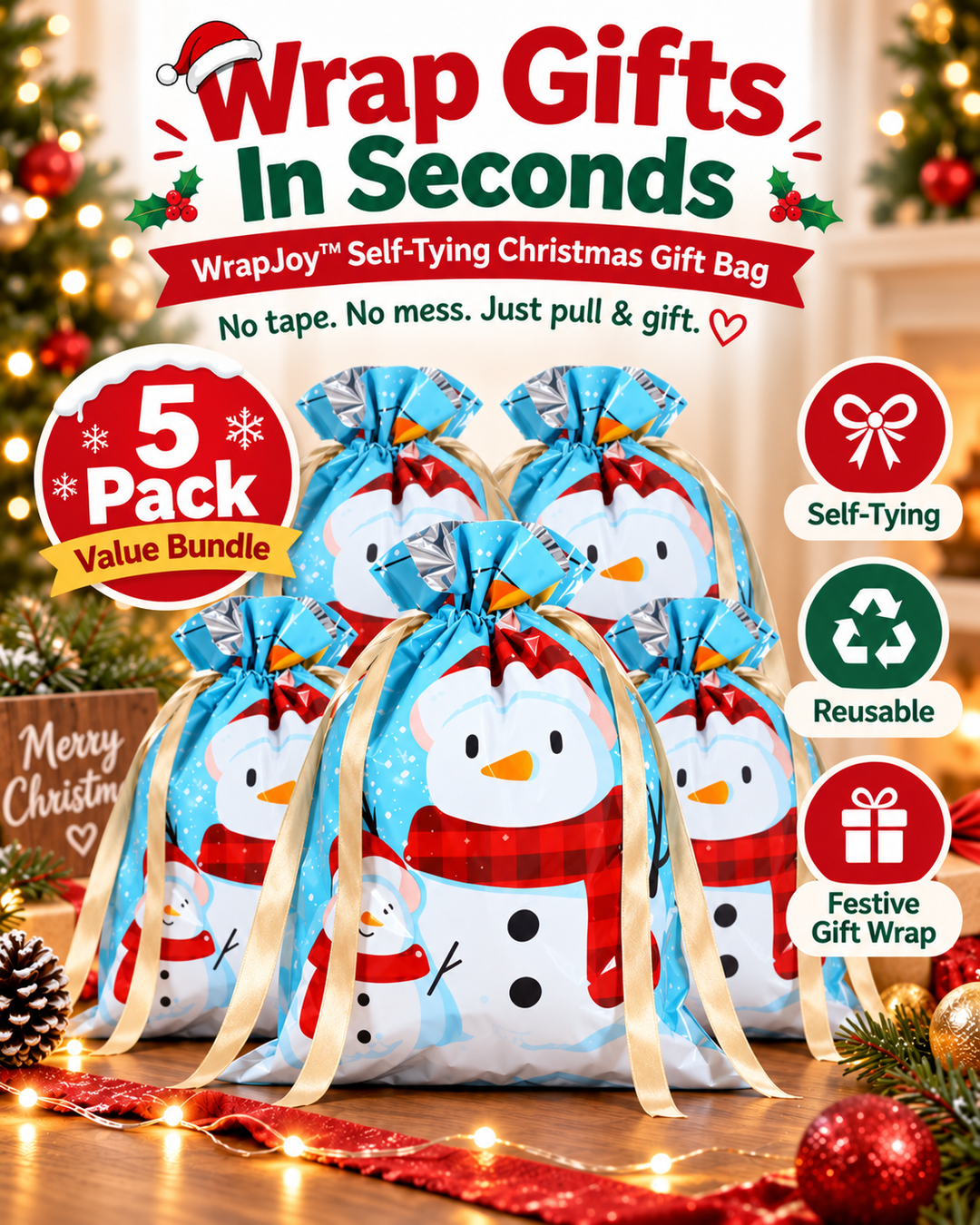 WrapJoy™ Self-Tying Christmas Gift Bags – Wrap, Pull & Celebrate 🎁🎄