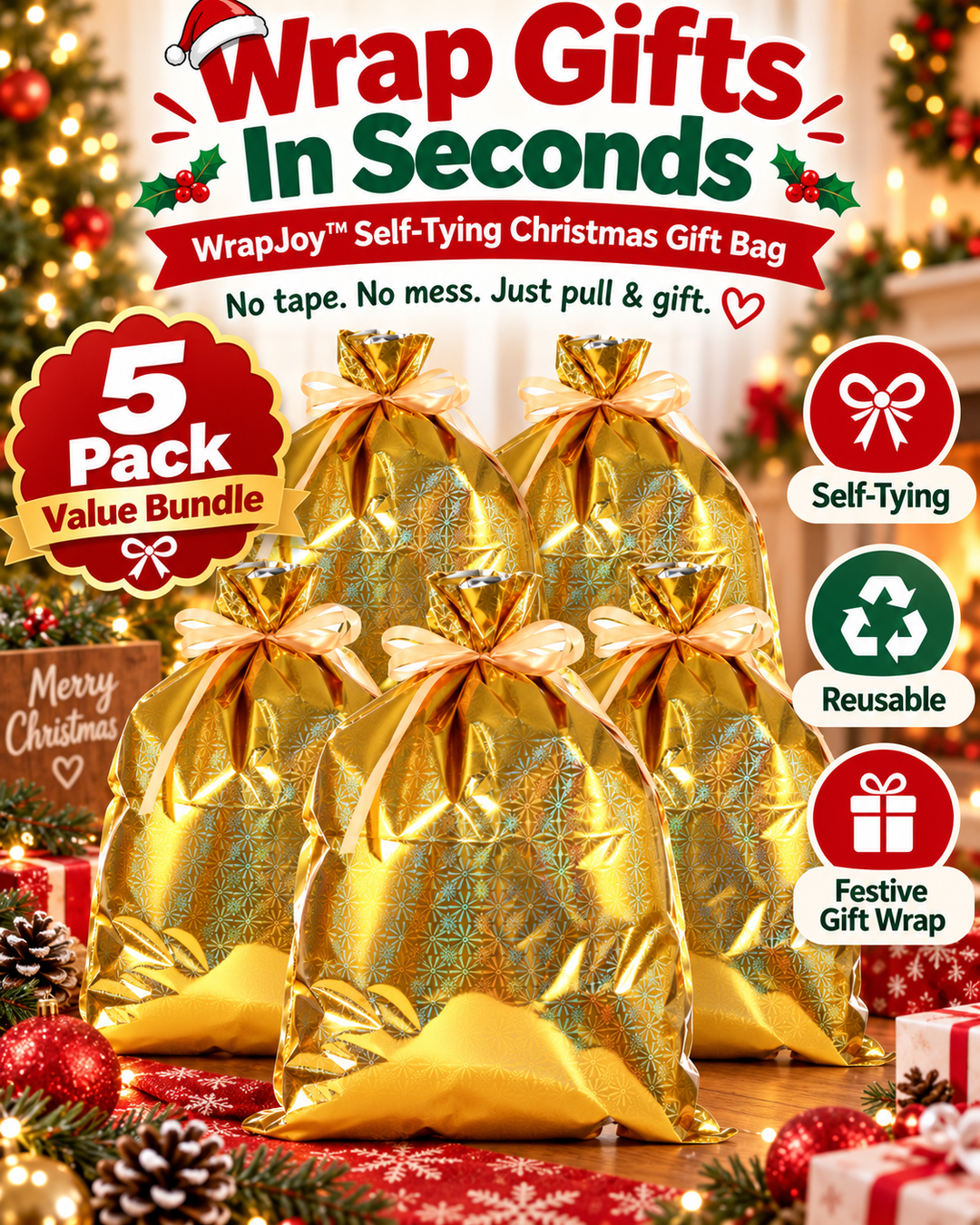WrapJoy™ Self-Tying Christmas Gift Bags – Wrap, Pull & Celebrate 🎁🎄
