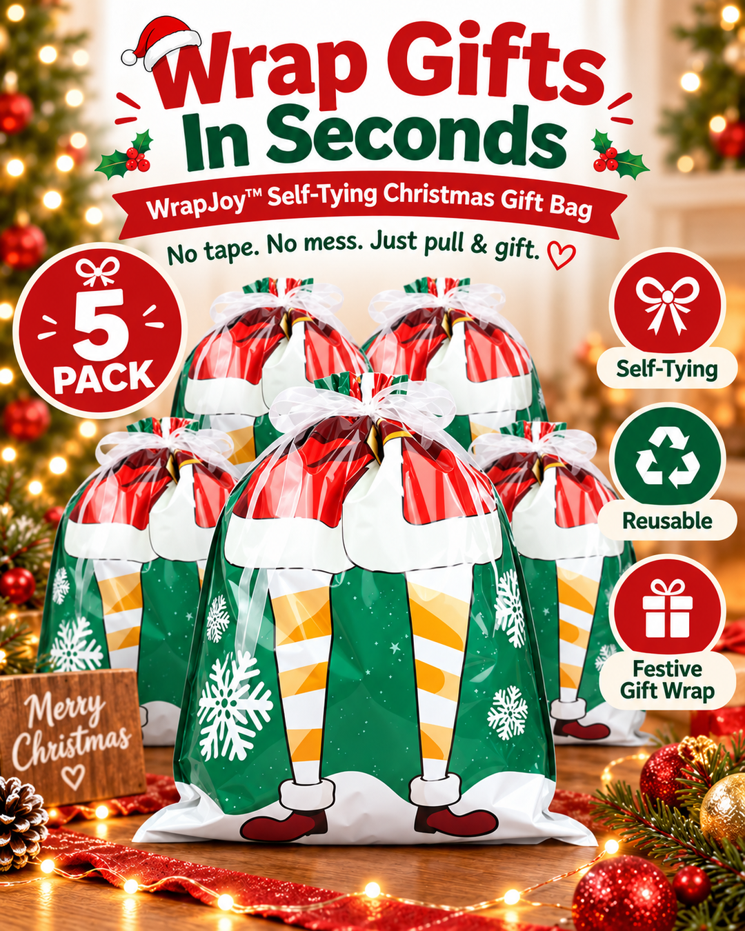 WrapJoy™ Self-Tying Christmas Gift Bags – Wrap, Pull & Celebrate 🎁🎄