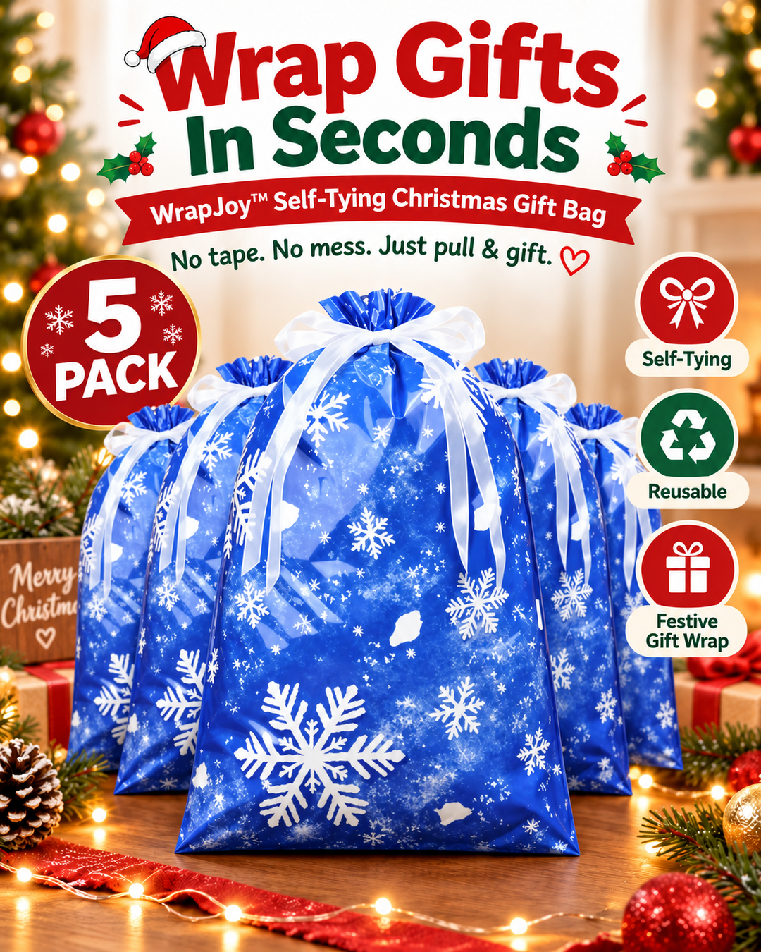 WrapJoy™ Self-Tying Christmas Gift Bags – Wrap, Pull & Celebrate 🎁🎄