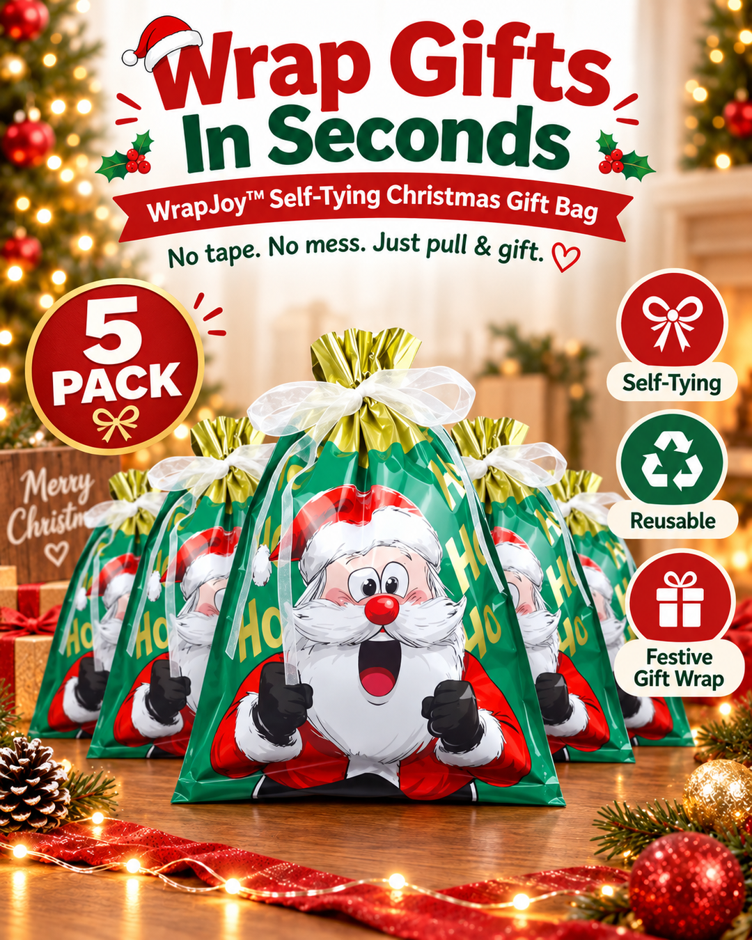 WrapJoy™ Self-Tying Christmas Gift Bags – Wrap, Pull & Celebrate 🎁🎄